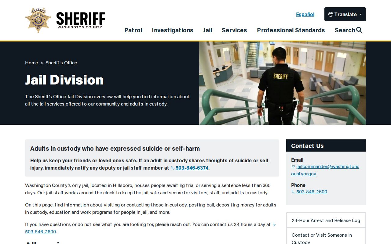 Washington County arrest lookup and county jail overview