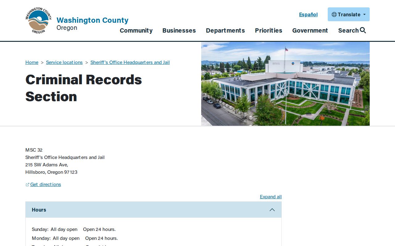Washington County criminal records section location and hours